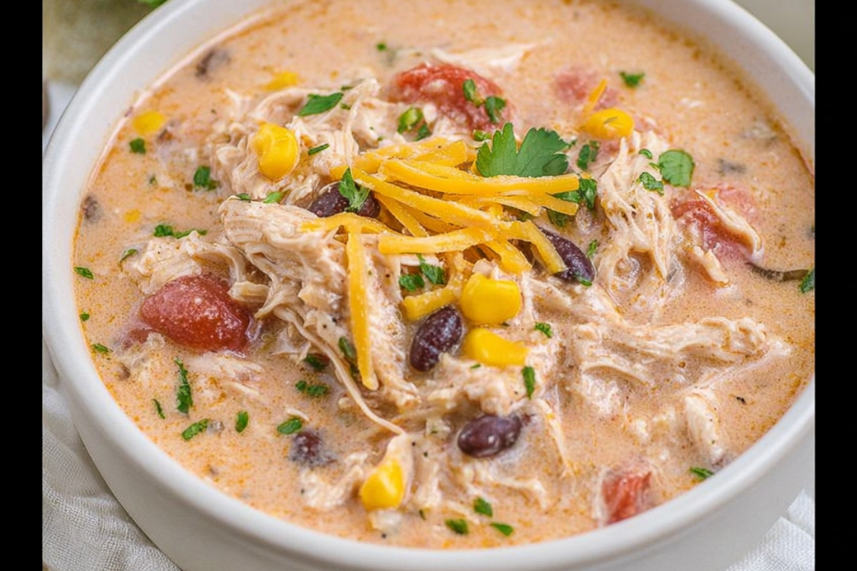Rich and creamy chicken chili topped with shredded cheese and fresh herbs in a white bowl on a rustic wooden table.