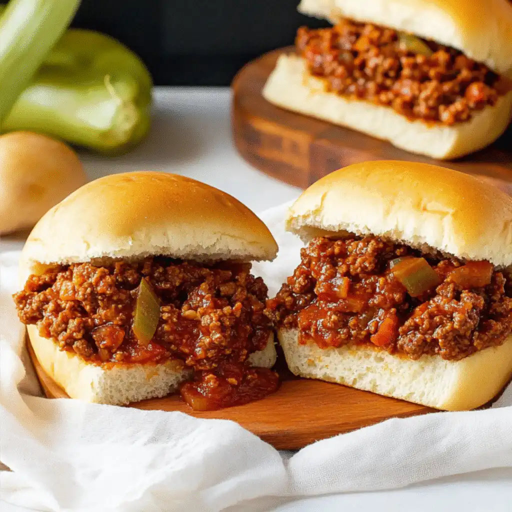Hearty sloppy joe made with savory tomato soup, served on a toasted bun with fresh herbs and side of crispy fries.
