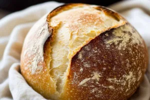 Freshly baked organic sourdough bread with a crispy golden crust and airy interior, displayed on a rustic wooden board.