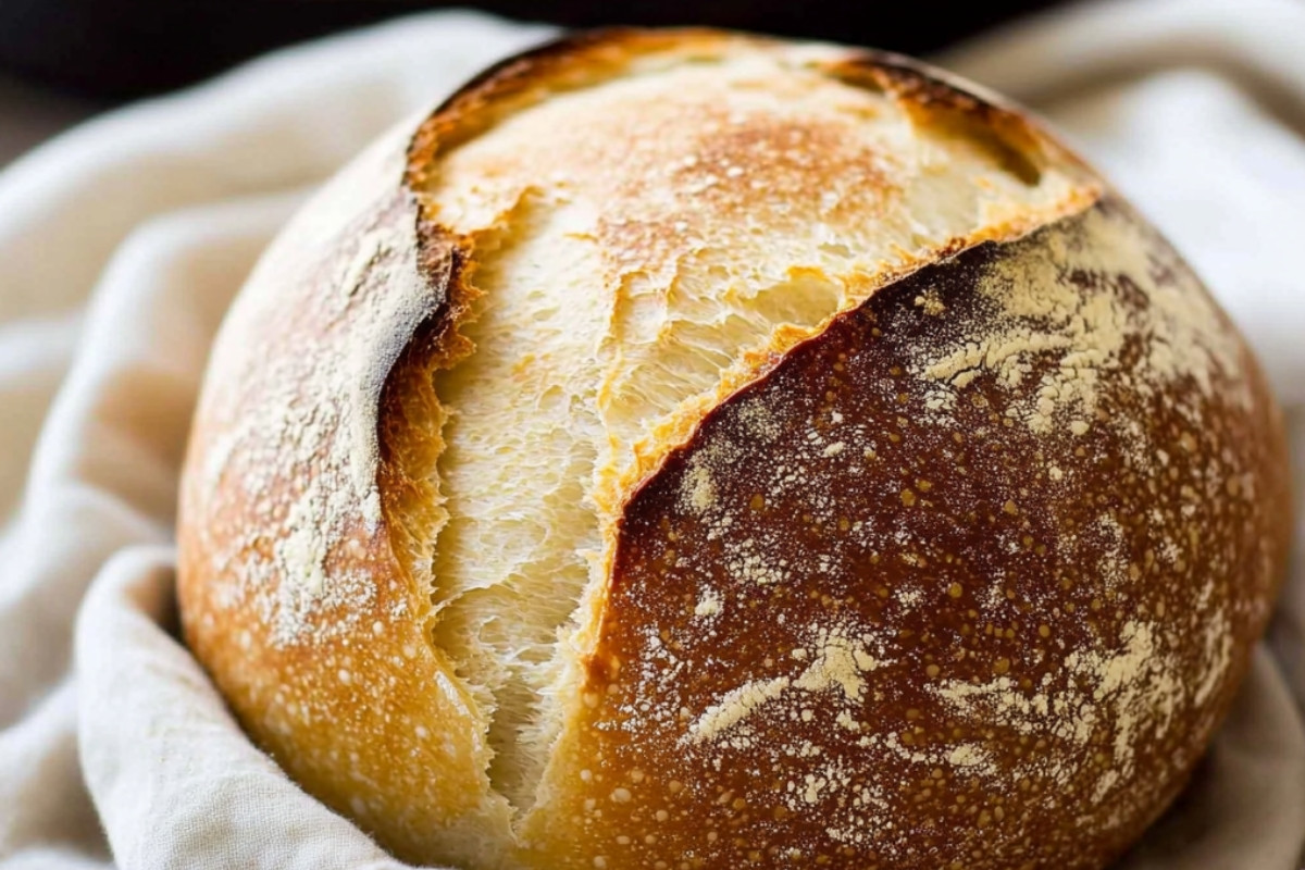 Freshly baked organic sourdough bread with a crispy golden crust and airy interior, displayed on a rustic wooden board.