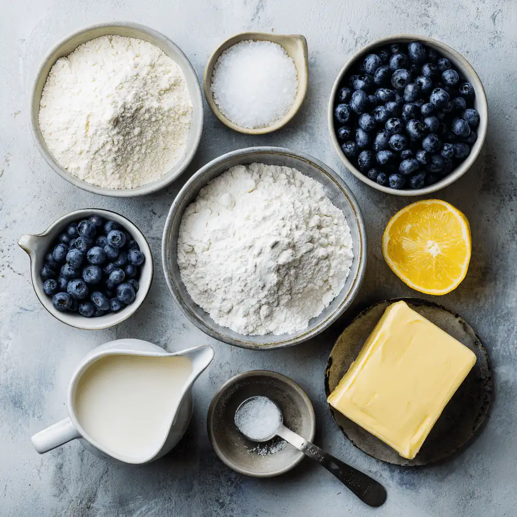 Flat lay of ingredients: flour, butter, blueberries, milk, sugar, and glaze essentials on a clean surface
