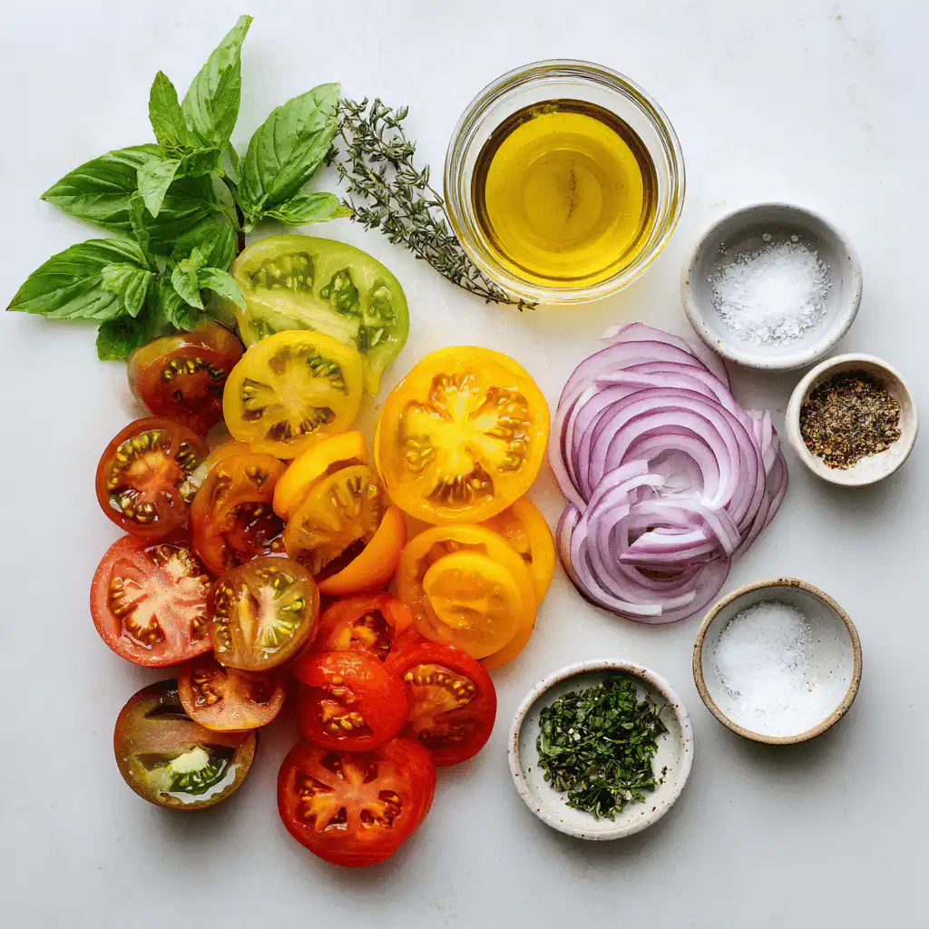 Heirloom Tomato Salad ingredients neatly arranged with vibrant colors on clean bright surface