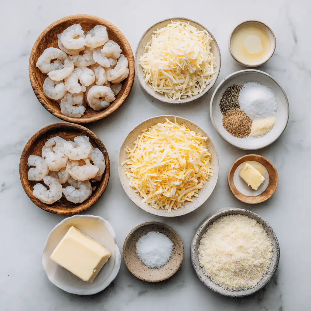 Flat-lay of shrimp casserole ingredients displayed neatly on a clean surface