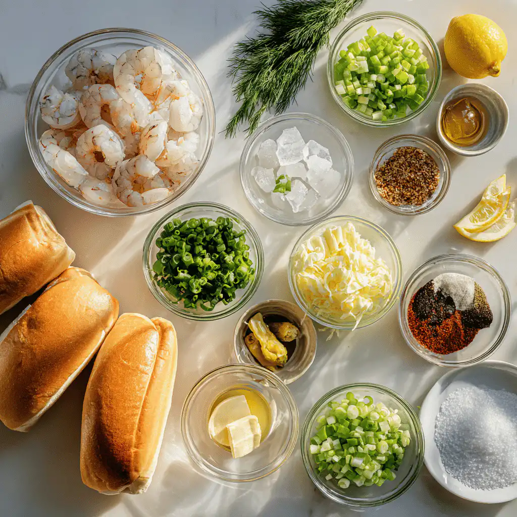 Ingredients for fresh shrimp rolls arranged perfectly on a clean white surface
