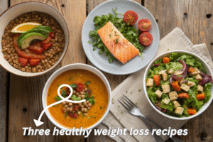3 Natural Alternatives to Mounjaro: Recipes for Weight Loss Three healthy weight loss recipes - Mediterranean power bowl, spiced lentil soup, and salmon avocado salad - arranged on a rustic wooden table