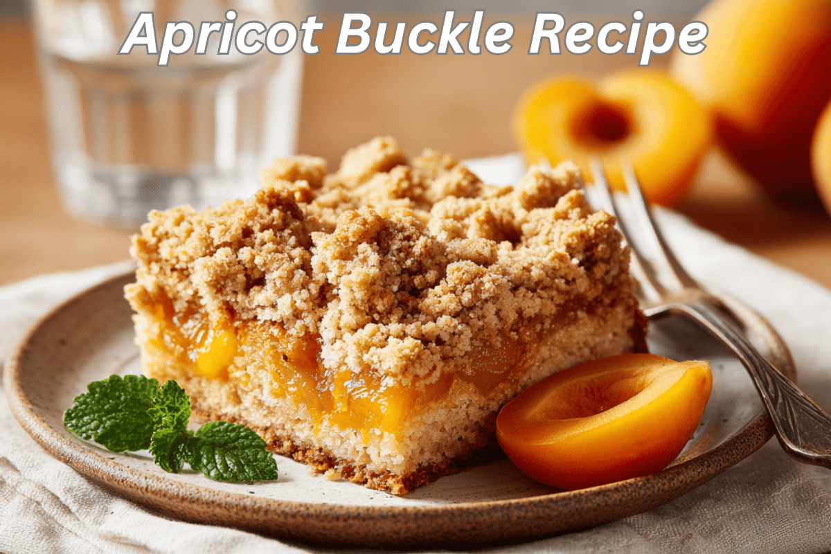 Golden apricot buckle slice on white napkin with water glass and natural lighting