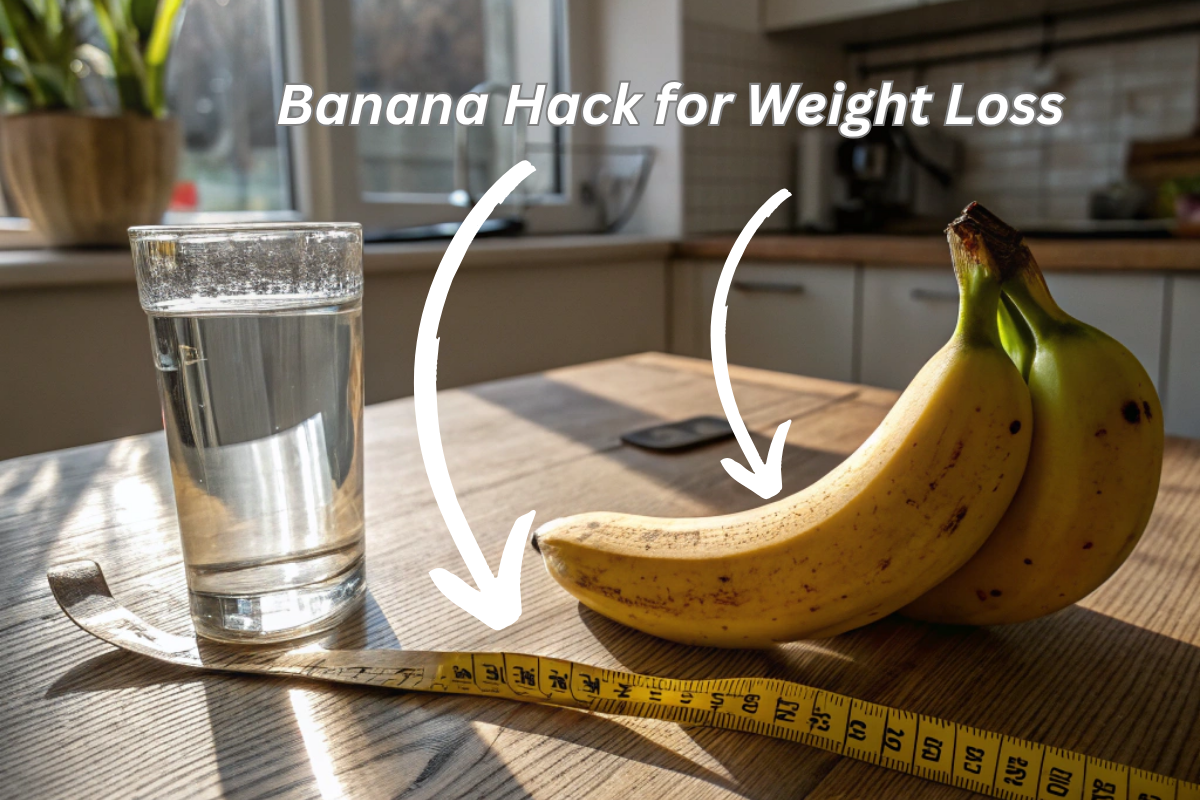 Fresh banana for weight loss with water and measuring tape