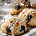 Golden, fluffy blueberry biscuits topped with glaze on a clean napkin with water on the side.