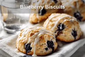 Blueberry Biscuits - Easy, Fluffy & Delicious Recipe Golden, fluffy blueberry biscuits topped with glaze on a clean napkin with water on the side.
