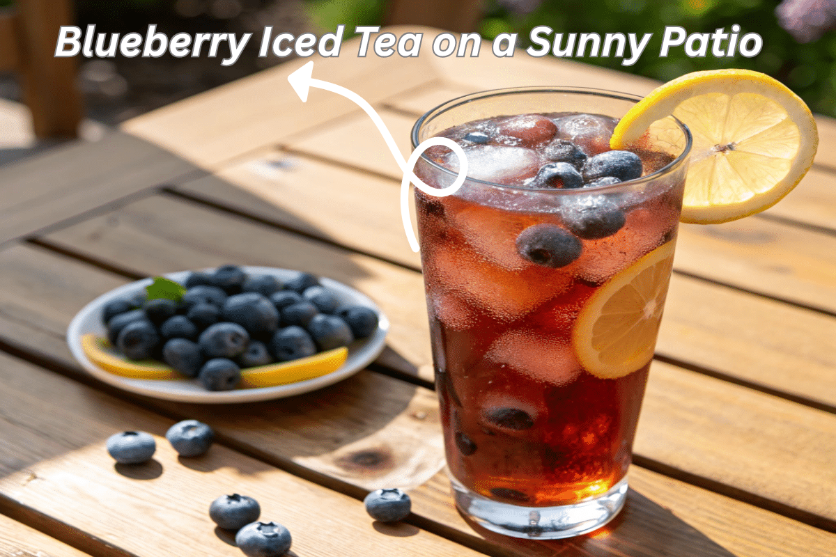 Refreshing glass of blueberry iced tea with lemon and blueberries