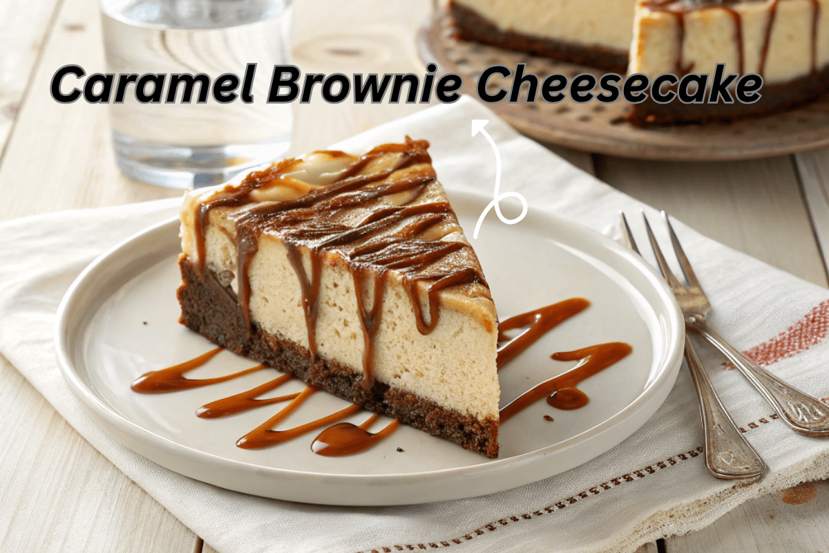 Decadent Caramel Brownie Cheesecake drizzled with caramel sauce, styled for professional food photography