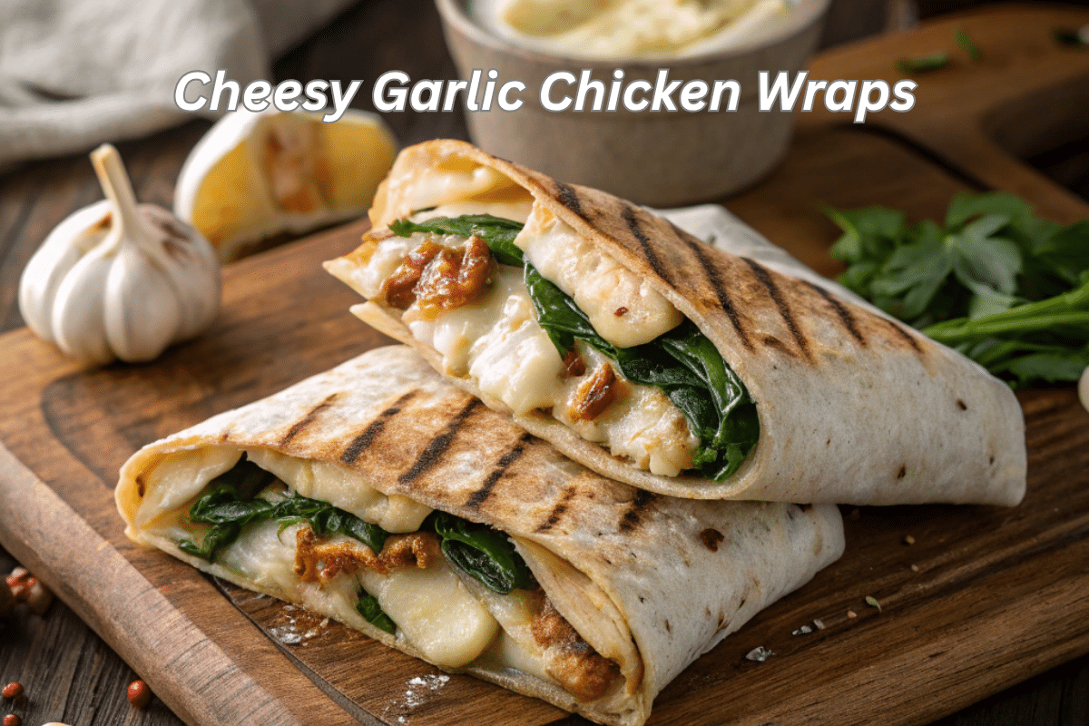 Cheesy garlic chicken wraps sliced open to reveal melted cheese, grilled chicken, and fresh greens