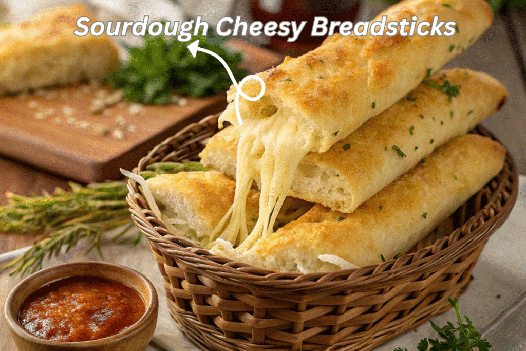 Sourdough cheesy breadsticks with golden edges and melted cheese