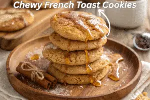 Stack of chewy French toast cookies drizzled with maple glaze and cinnamon sugar