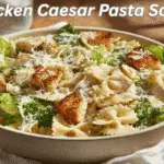 Chicken Caesar Pasta Salad - Easy, Delicious Recipe! 4 Chicken Caesar Pasta Salad on white cloth napkin with fresh ingredients and clear glass beside it.