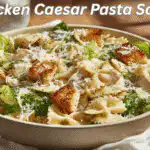Chicken Caesar Pasta Salad on white cloth napkin with fresh ingredients and clear glass beside it.