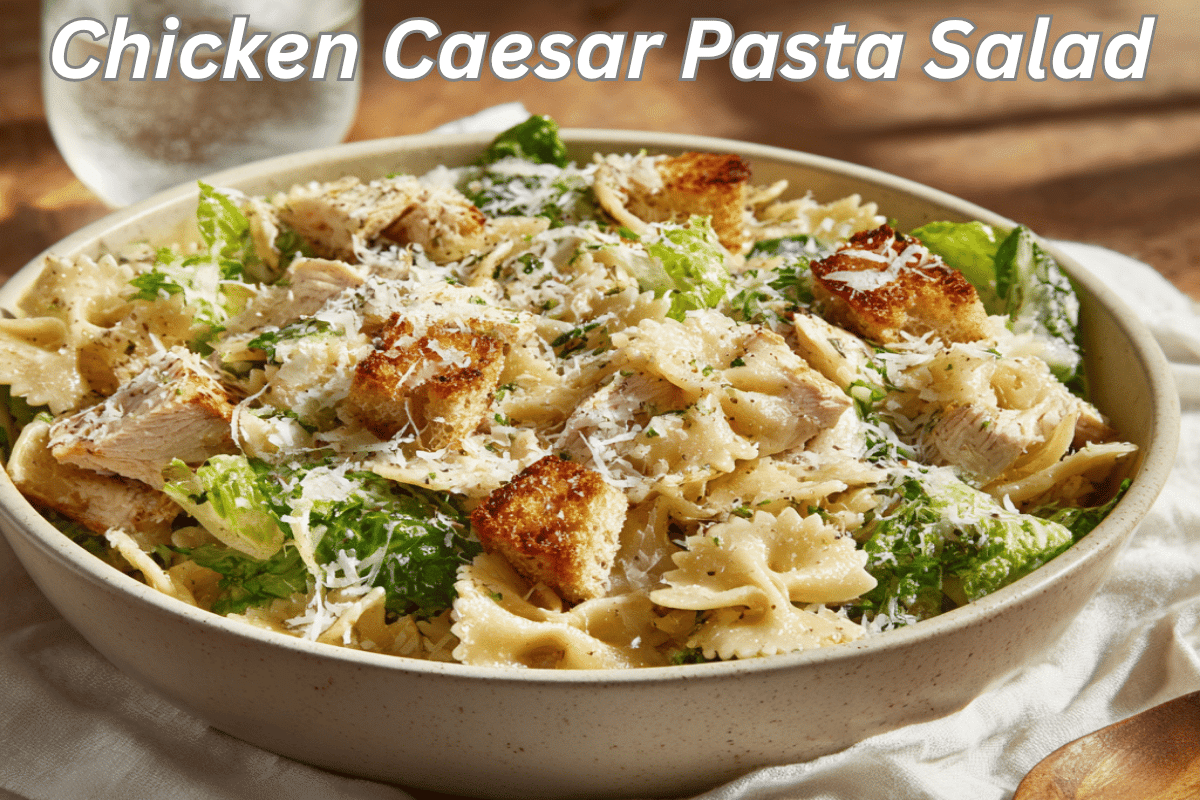 Chicken Caesar Pasta Salad on white cloth napkin with fresh ingredients and clear glass beside it.