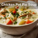Chicken Pot Pie Soup perfectly styled on a cozy, clean table setting