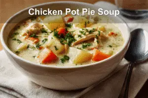 Chicken Pot Pie Soup perfectly styled on a cozy, clean table setting