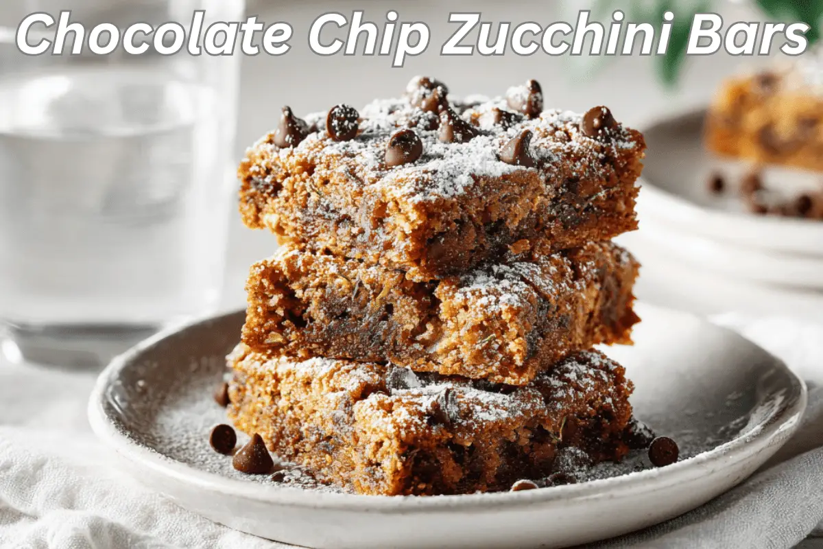 Chocolate Chip Zucchini Bars arranged beautifully under warm natural lighting