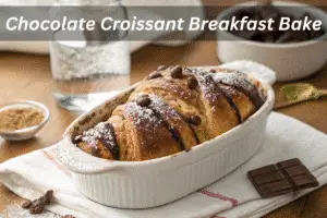 Chocolate Croissant Breakfast Bake - Irresistible Morning Treat Chocolate Croissant Breakfast Bake, served with a glass of water on a clean table