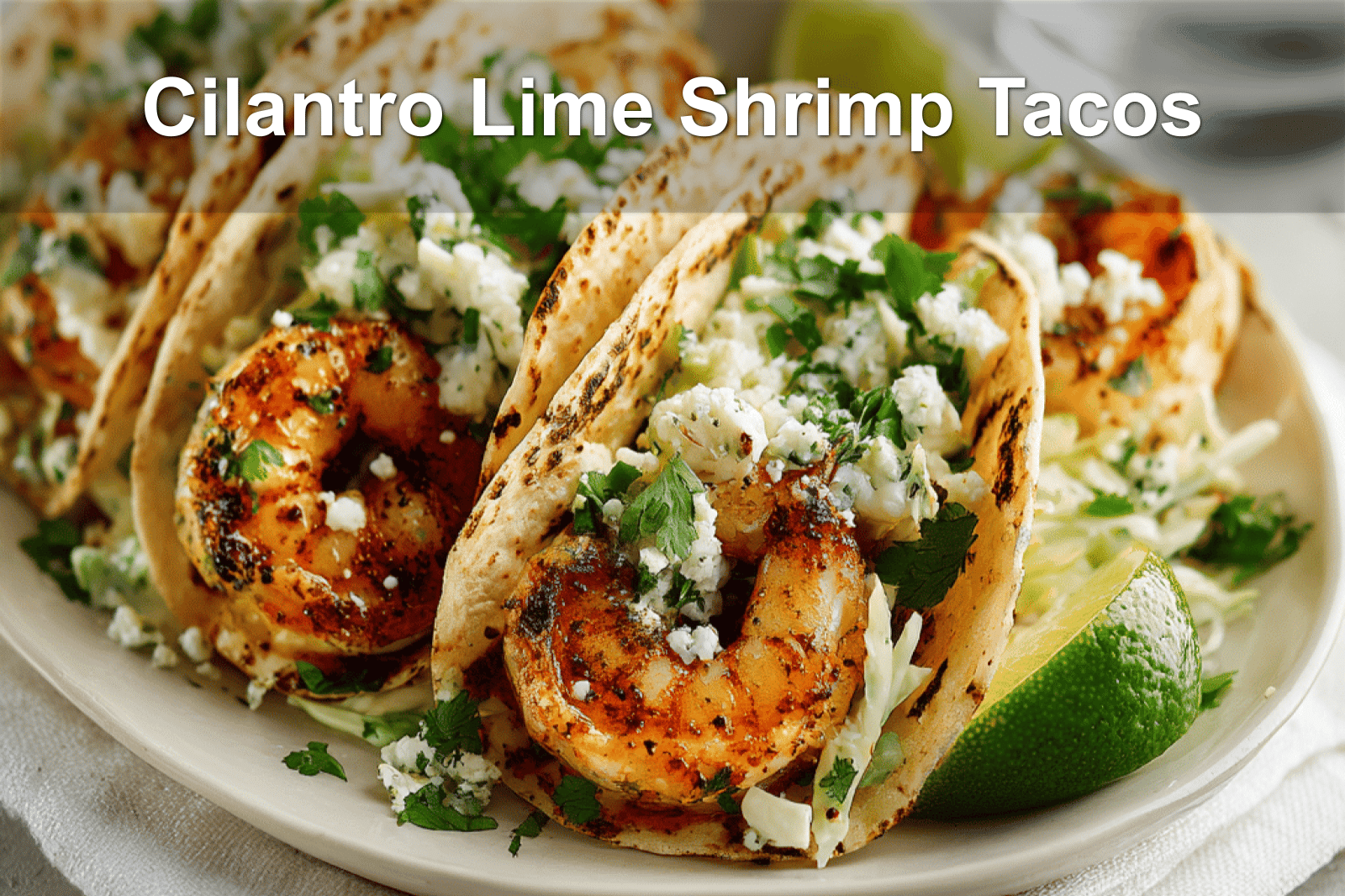 Cilantro lime shrimp tacos with creamy slaw on a clean white setup.