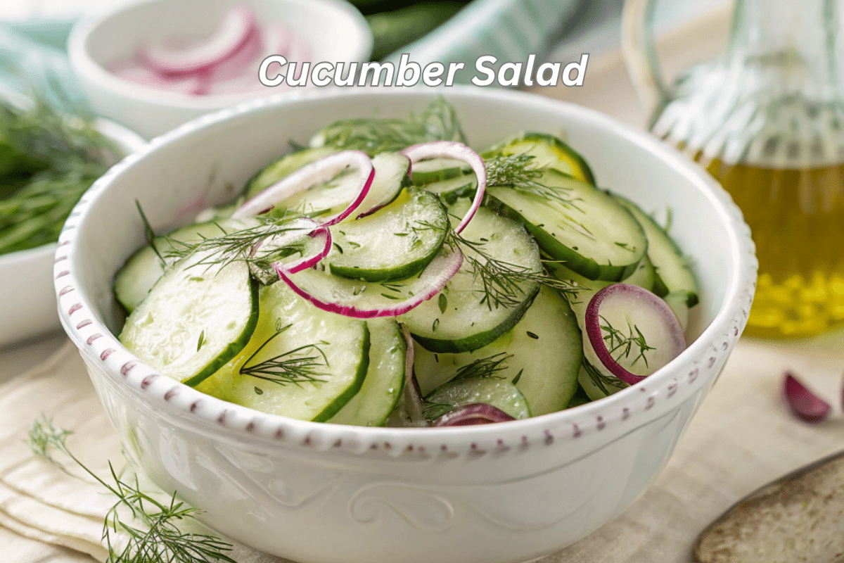 Top-down view of a cucumber salad with red onions and dill in a white bowl
