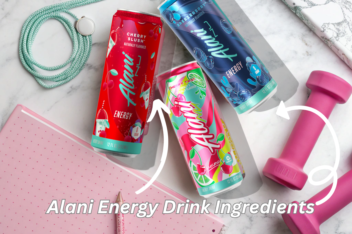 Colorful Alani Energy drinks arranged on a table with workout gear