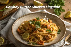 Cowboy Butter Chicken Linguine with parsley and lemon on rustic plate