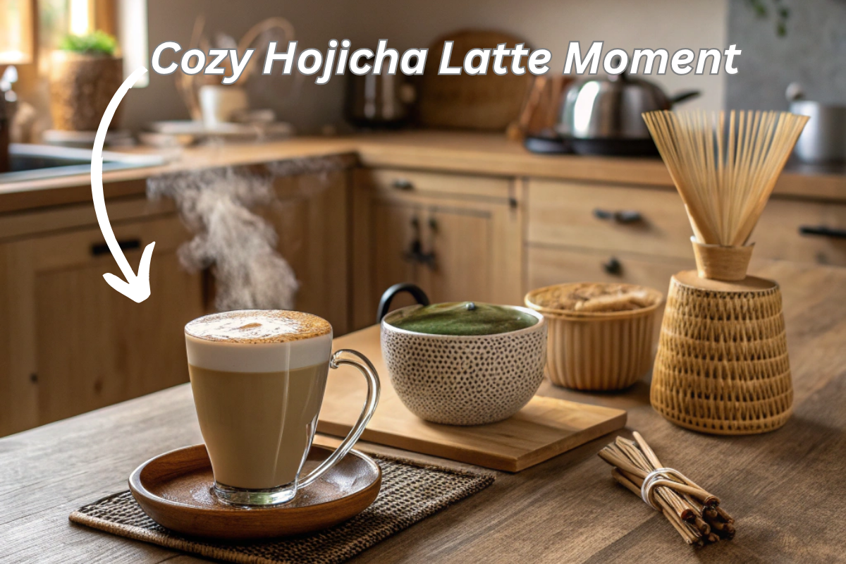 A homemade hojicha tea latte recipe in a cozy kitchen.