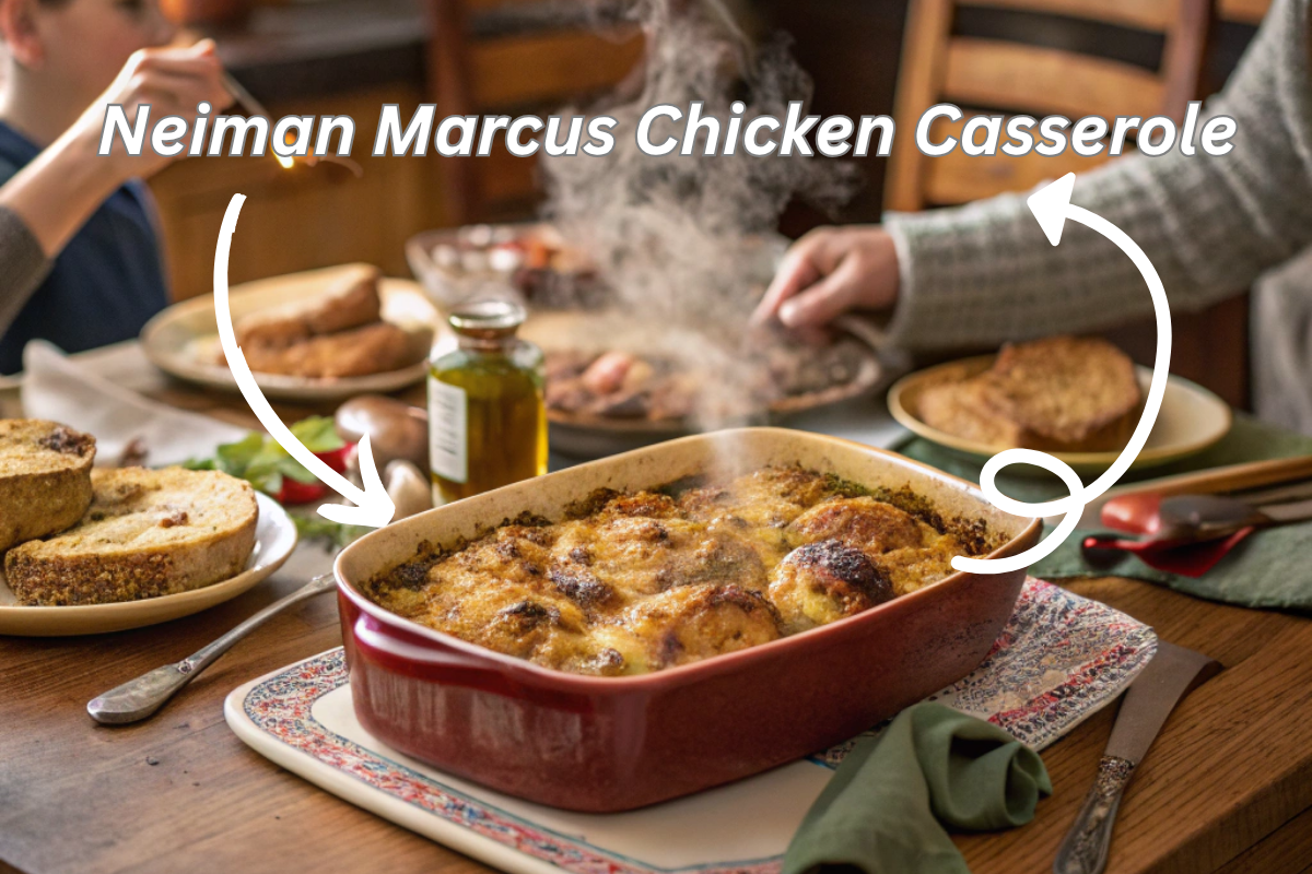 Neiman Marcus Chicken Casserole on rustic kitchen table
