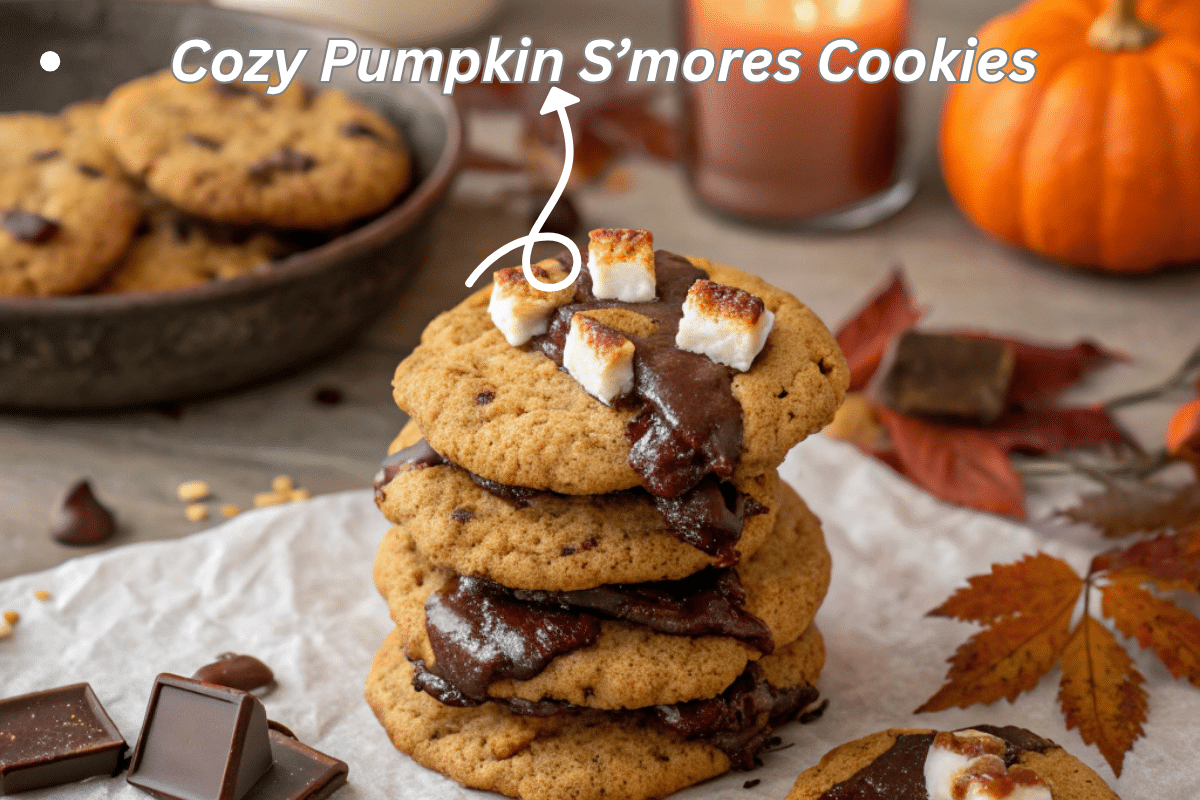 Pumpkin s’mores cookies stacked with melted chocolate and marshmallows