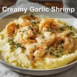 Creamy Garlic Shrimp Over Mashed Potatoes | Comfort Food Perfection 4 Creamy garlic shrimp set over buttery mashed potatoes, styled with elegant professional appeal.