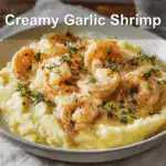 Creamy garlic shrimp set over buttery mashed potatoes, styled with elegant professional appeal.
