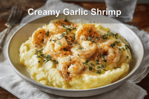 Creamy garlic shrimp set over buttery mashed potatoes, styled with elegant professional appeal.