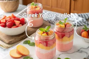 Greek yogurt jello jars on a kitchen counter with fruit toppings