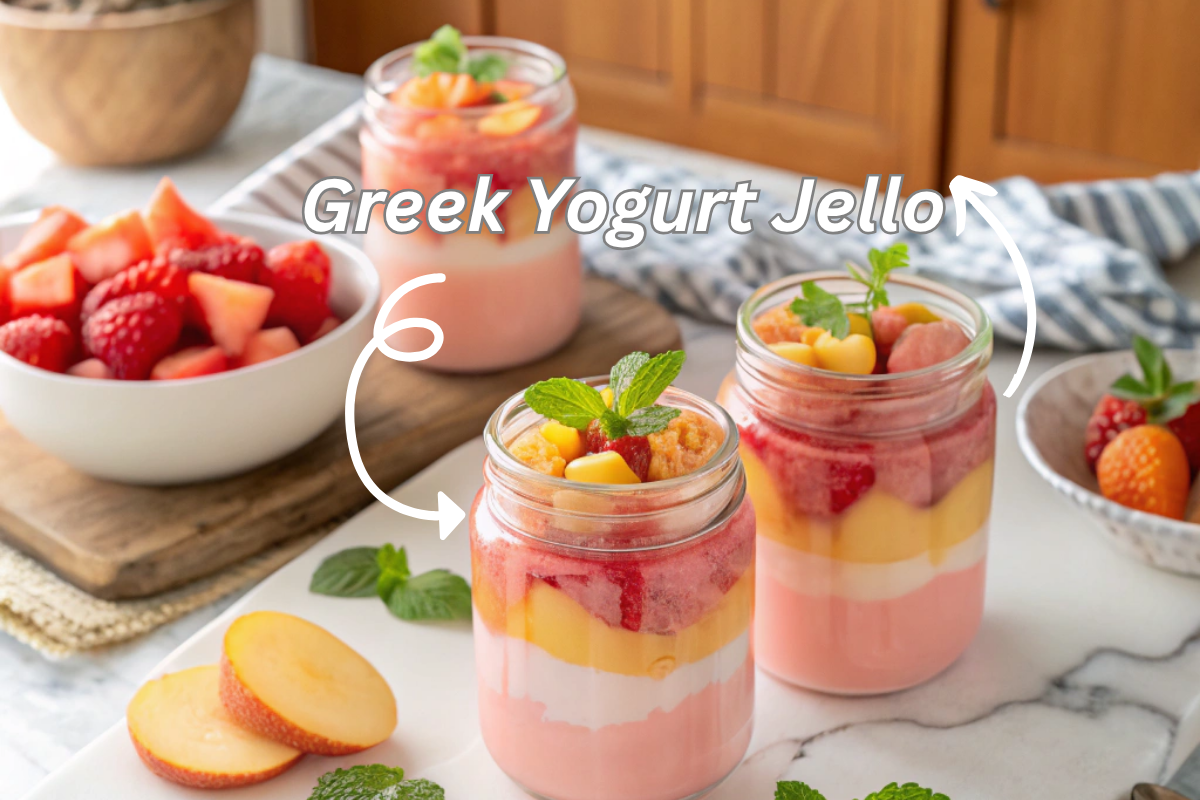 Greek yogurt jello jars on a kitchen counter with fruit toppings