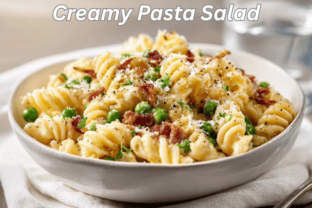 Creamy pasta salad garnished with bacon and parmesan on a clean, bright table setup