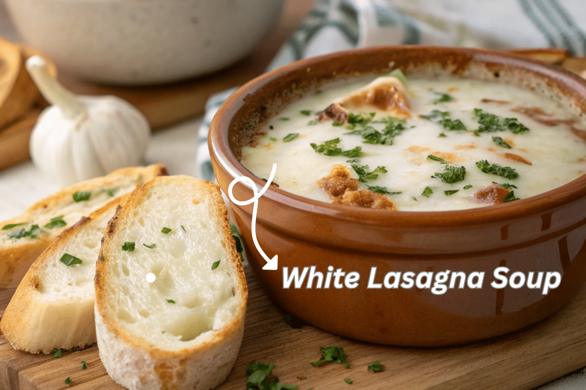 White lasagna soup in a bowl with melted cheese and herbs
