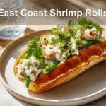 East Coast Shrimp Rolls - Fresh, Flavorful, & Easy Recipe 4 East Coast Shrimp Roll in a golden-brown bun with creamy herb dressing.