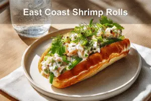 East Coast Shrimp Rolls - Fresh, Flavorful, & Easy Recipe East Coast Shrimp Roll in a golden-brown bun with creamy herb dressing.
