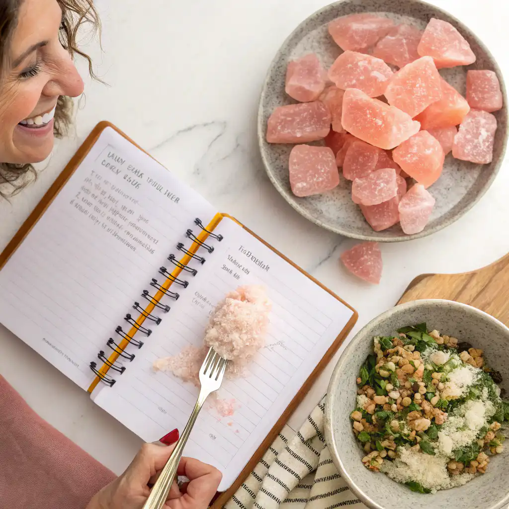 Home cook enjoying meal seasoned with pink salt