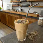 Coffee banana smoothie in a glass with chia topping