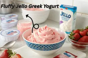 Fluffy jello Greek yogurt in a bowl surrounded by ingredients