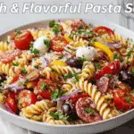Italian Pasta Salad Recipe for Fresh Summer Flavor 4 Italian pasta salad on white napkin
