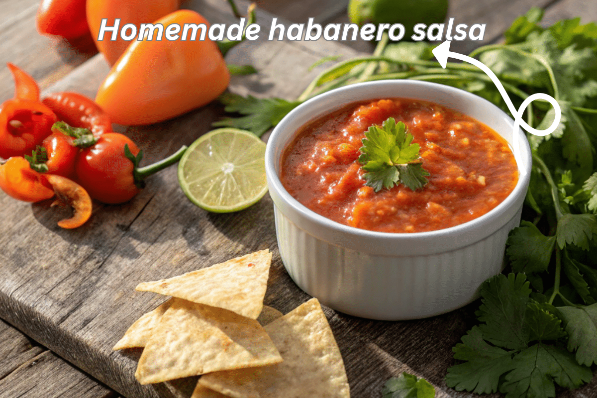 Homemade habanero salsa in a bowl with fresh ingredients around