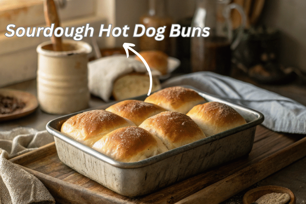 Homemade sourdough hot dog buns cooling on a kitchen counter
