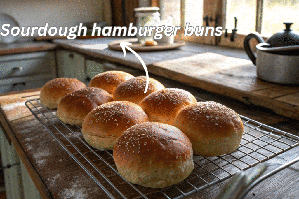 Fresh sourdough hamburger buns on a wire rack
