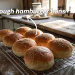 Fresh sourdough hamburger buns on a wire rack