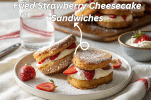 Fried Strawberry Cheesecake Sandwiches: A Sweet Twist Fried Strawberry Cheesecake Sandwiches on a white cloth napkin with golden-brown crust, powdered sugar, and oozing strawberries and cream cheese, beside a clear glass of water.